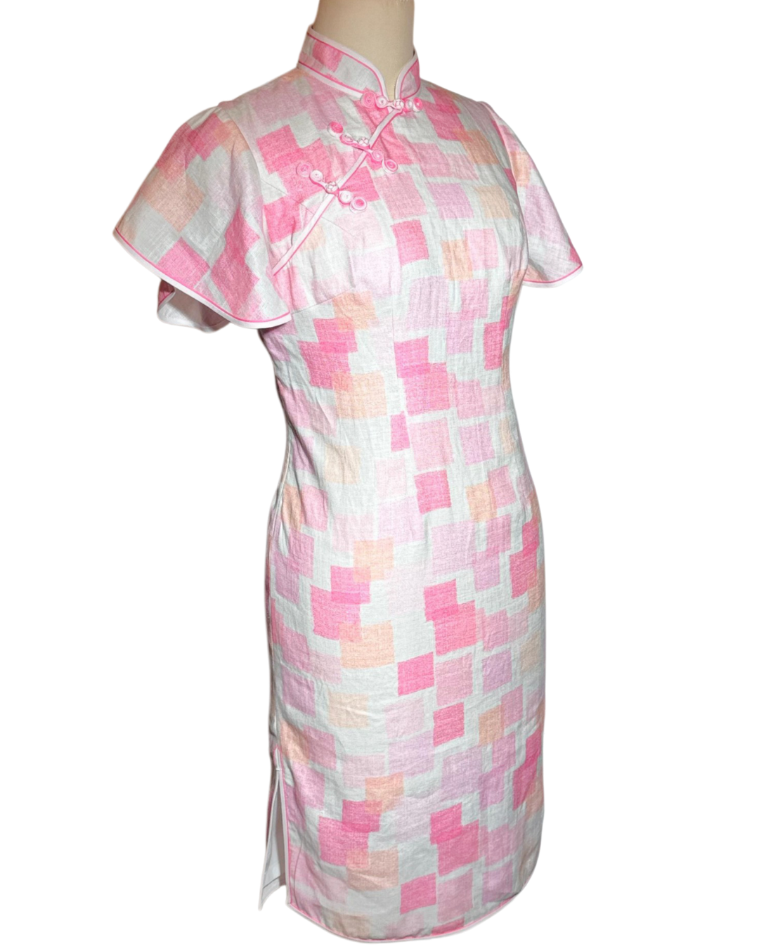 Pink Geometric Block Print Cap Sleeve Cheongsam