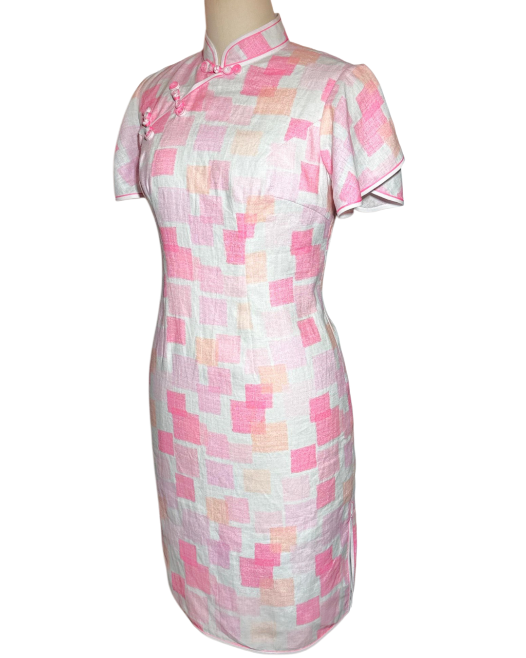 Pink Geometric Block Print Cap Sleeve Cheongsam