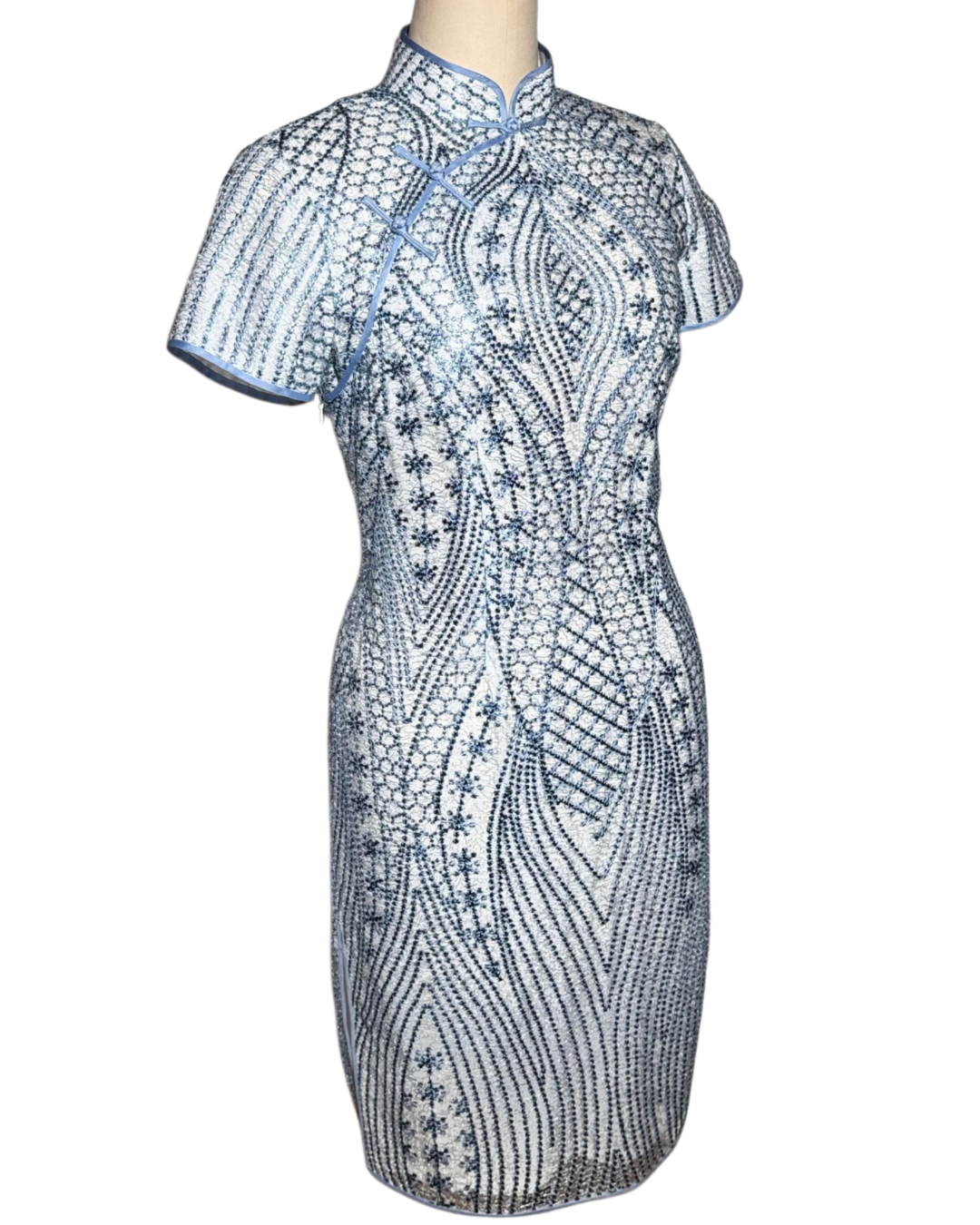 Blue Geometric Embroidered Cap Sleeve Cheongsam