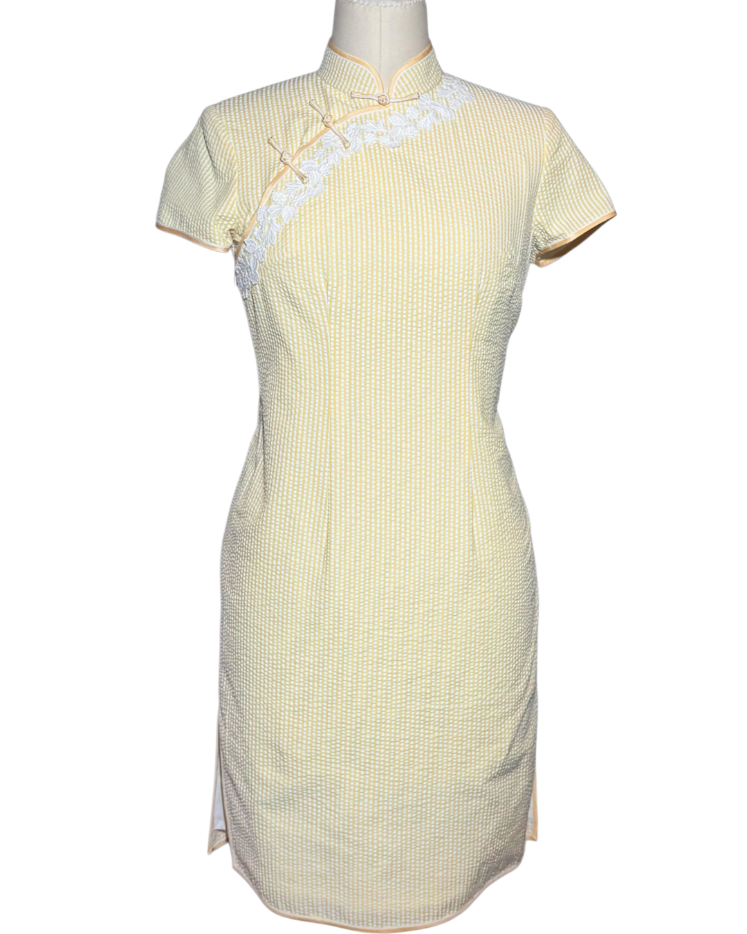 Yellow Striped Lace Cheongsam