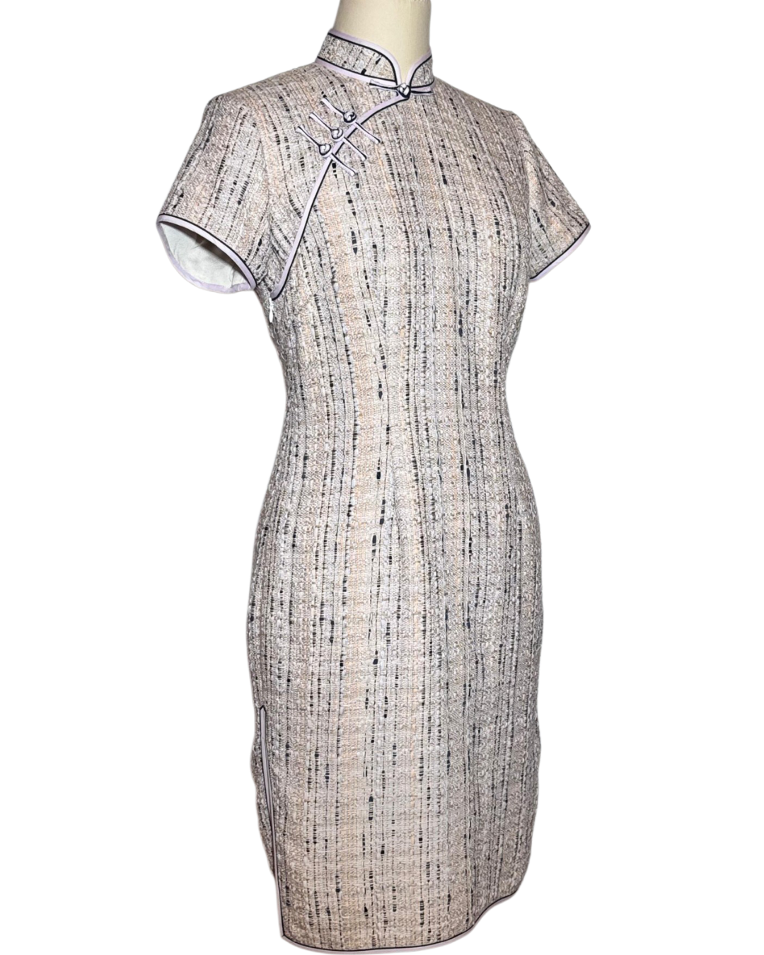 Light Grey Tweed Cheongsam with Lavender Trim
