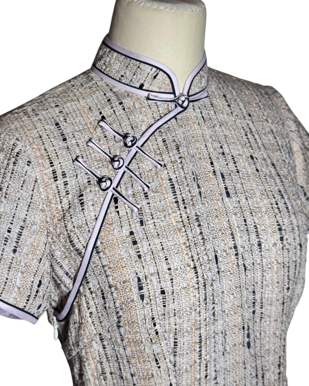 Light Grey Tweed Cheongsam with Lavender Trim