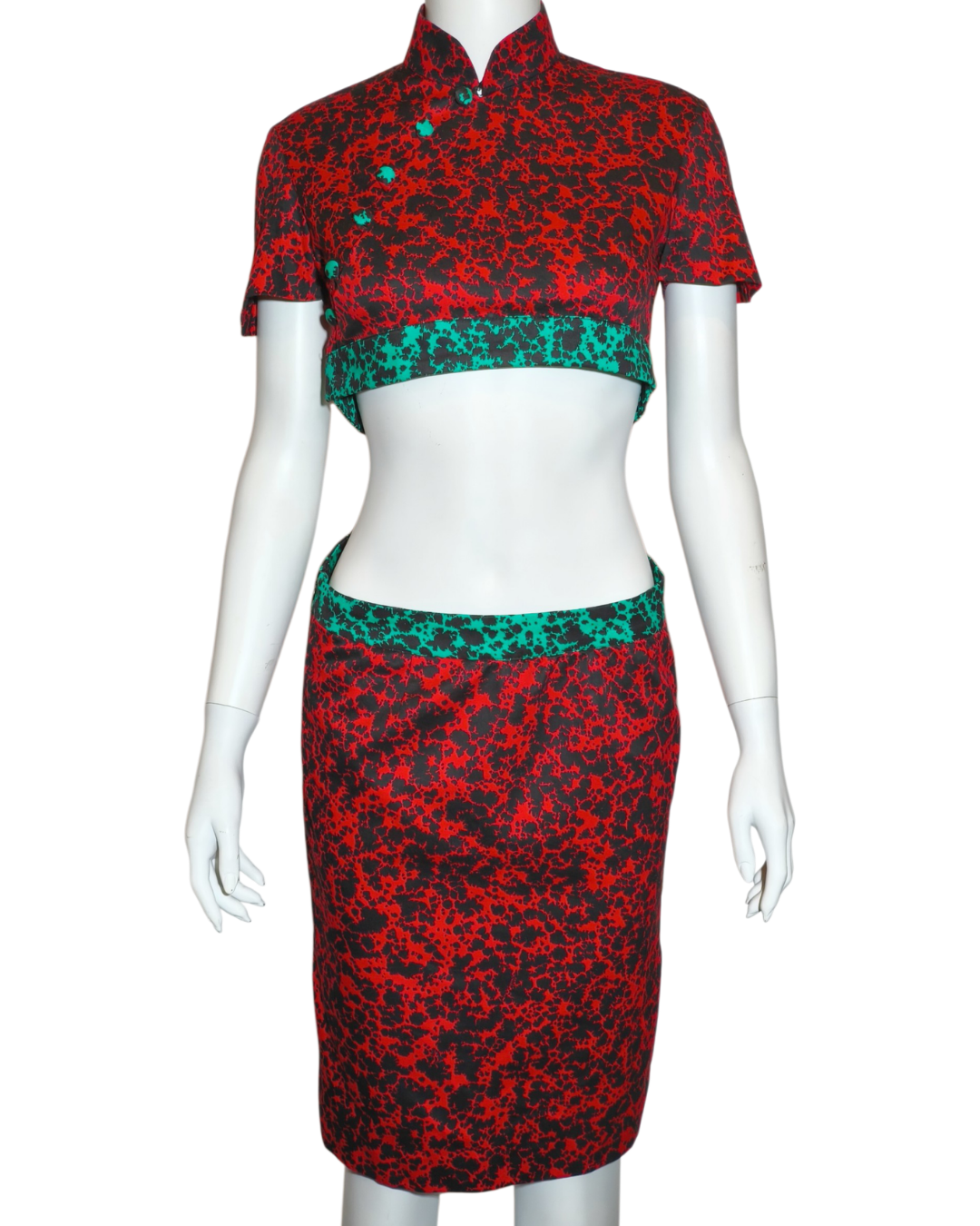 Red and Green Abstract Print Crisscross Back Cutout Cheongsam Dress