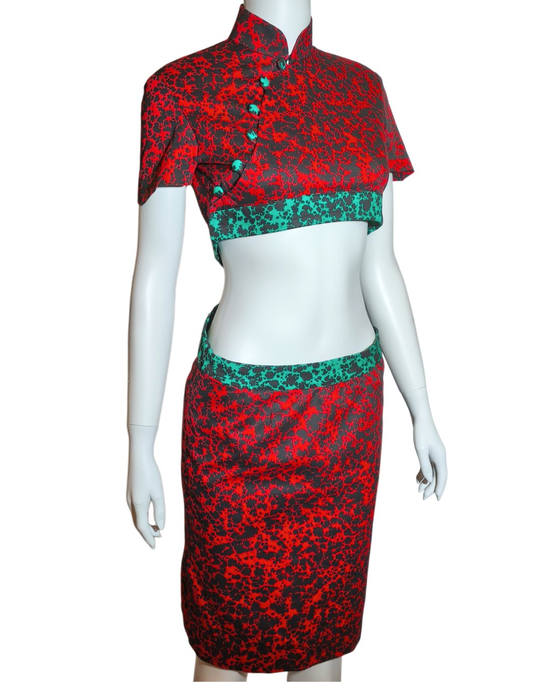 Red and Green Abstract Print Crisscross Back Cutout Cheongsam Dress