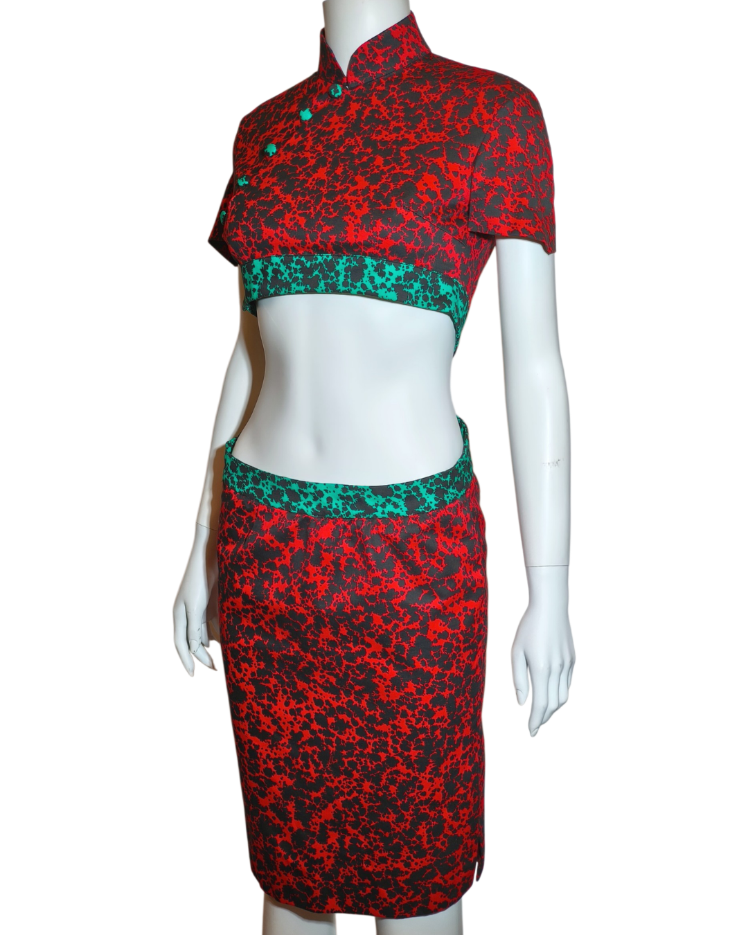 Red and Green Abstract Print Crisscross Back Cutout Cheongsam Dress
