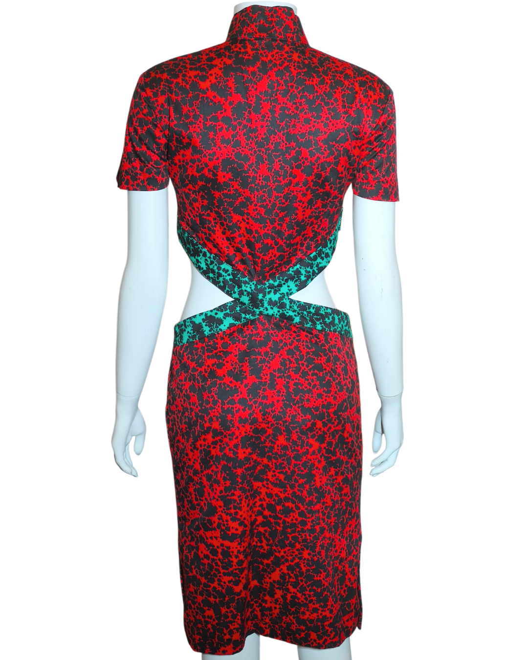 Red and Green Abstract Print Crisscross Back Cutout Cheongsam Dress