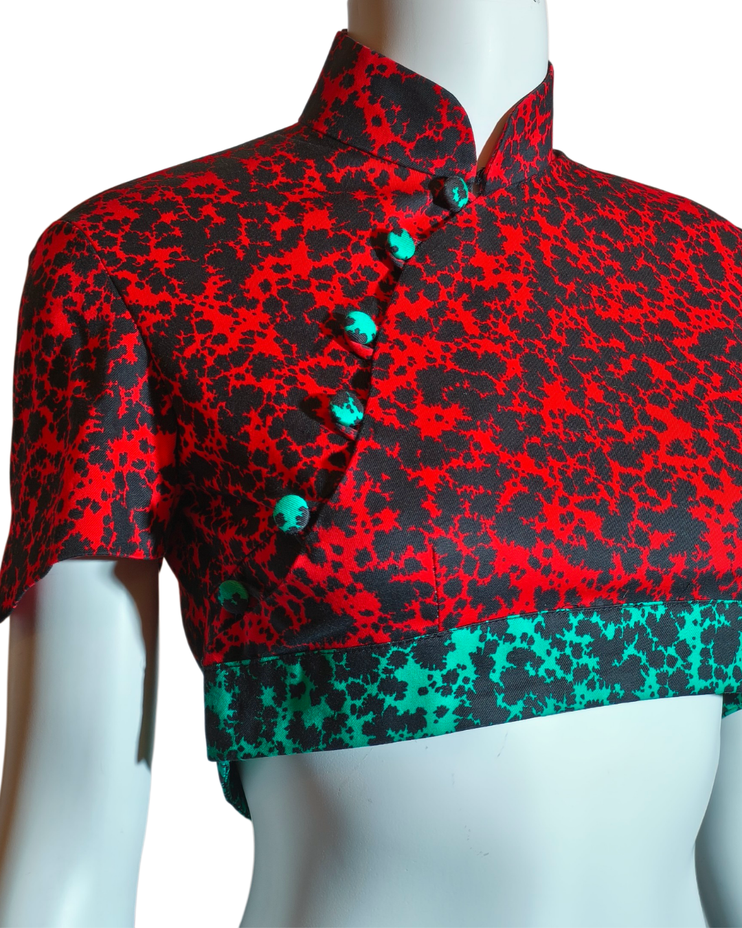 Red and Green Abstract Print Crisscross Back Cutout Cheongsam Dress
