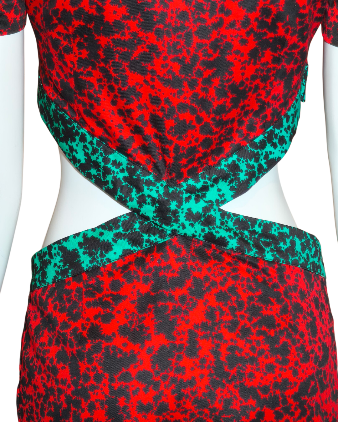 Red and Green Abstract Print Crisscross Back Cutout Cheongsam Dress