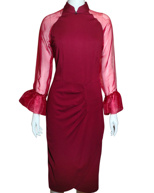 Wine Red Modern Cheongsam with Sheer Flare Sleeves