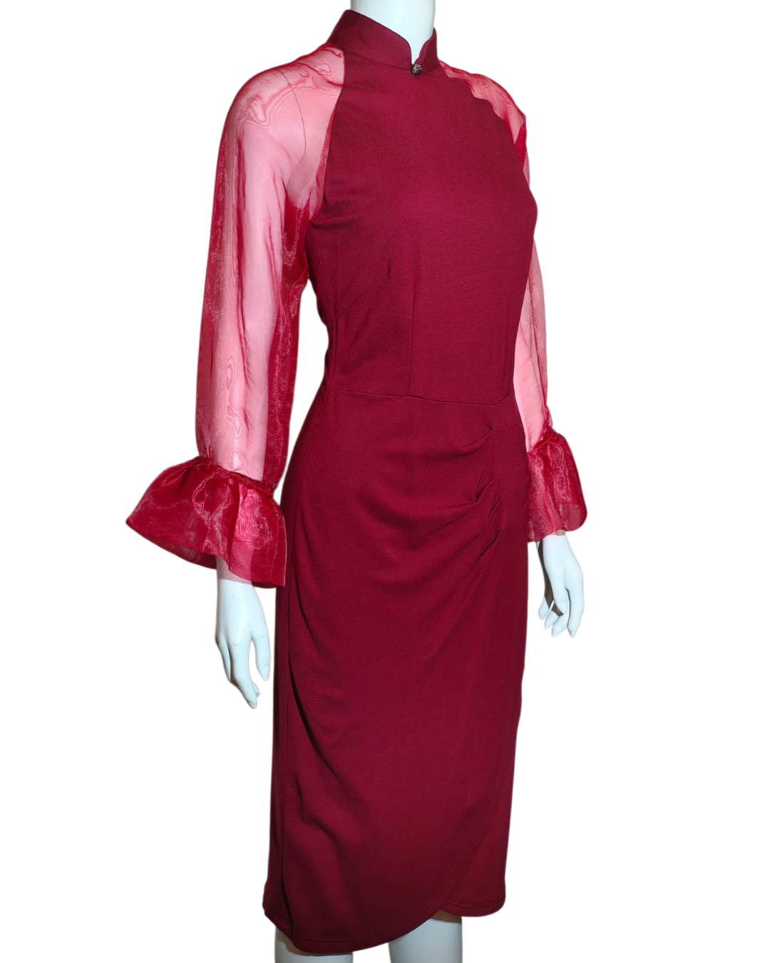 Wine Red Modern Cheongsam with Sheer Flare Sleeves