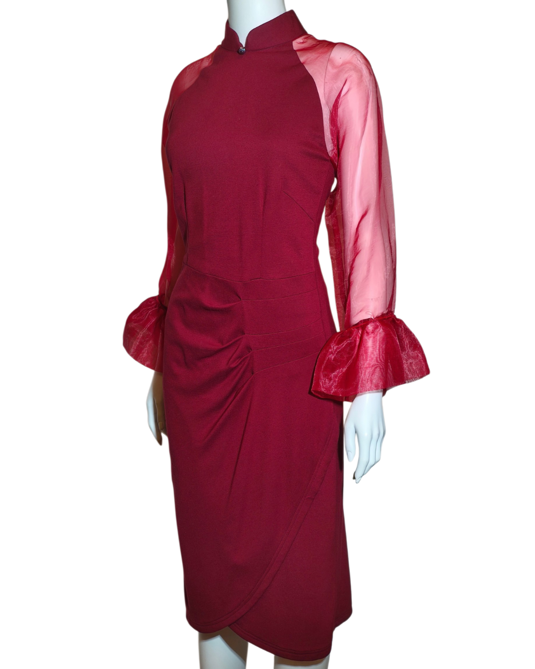 Wine Red Modern Cheongsam with Sheer Flare Sleeves