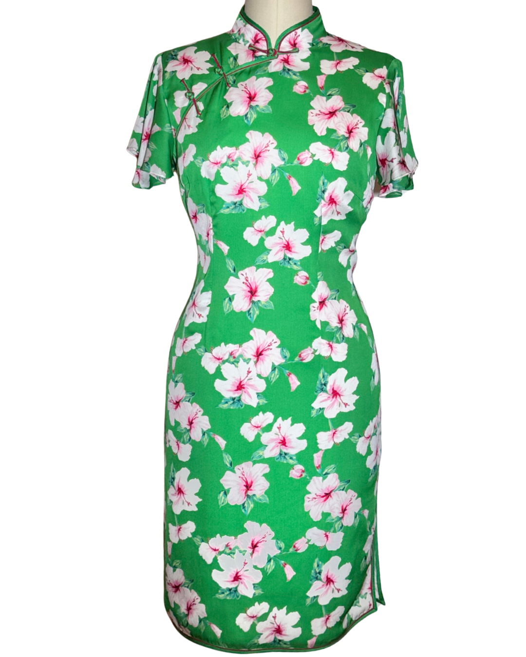 Green Floral Hibiscus Cheongsam with Ruffle Sleeves