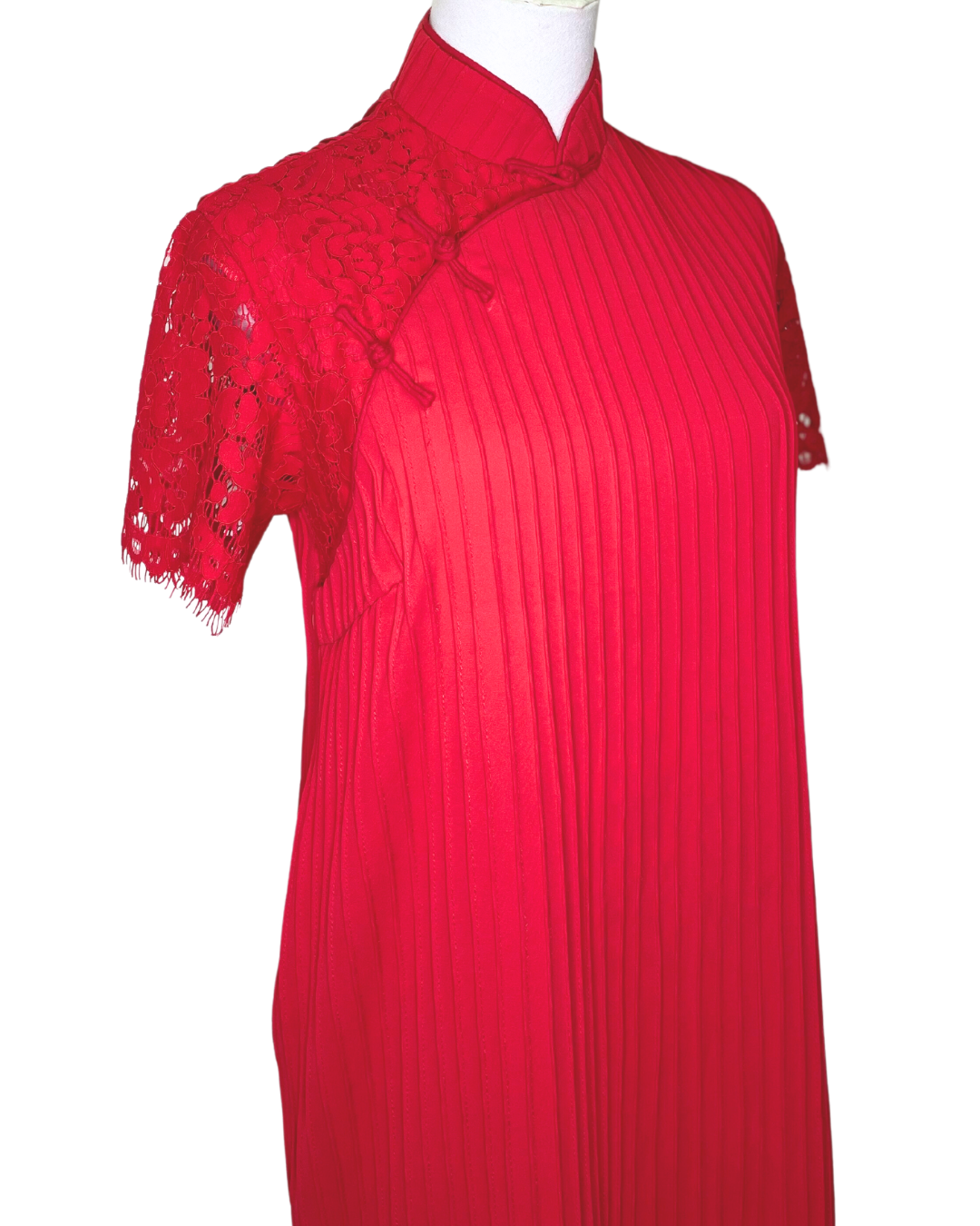Red Pleated Lace Cheongsam Dress