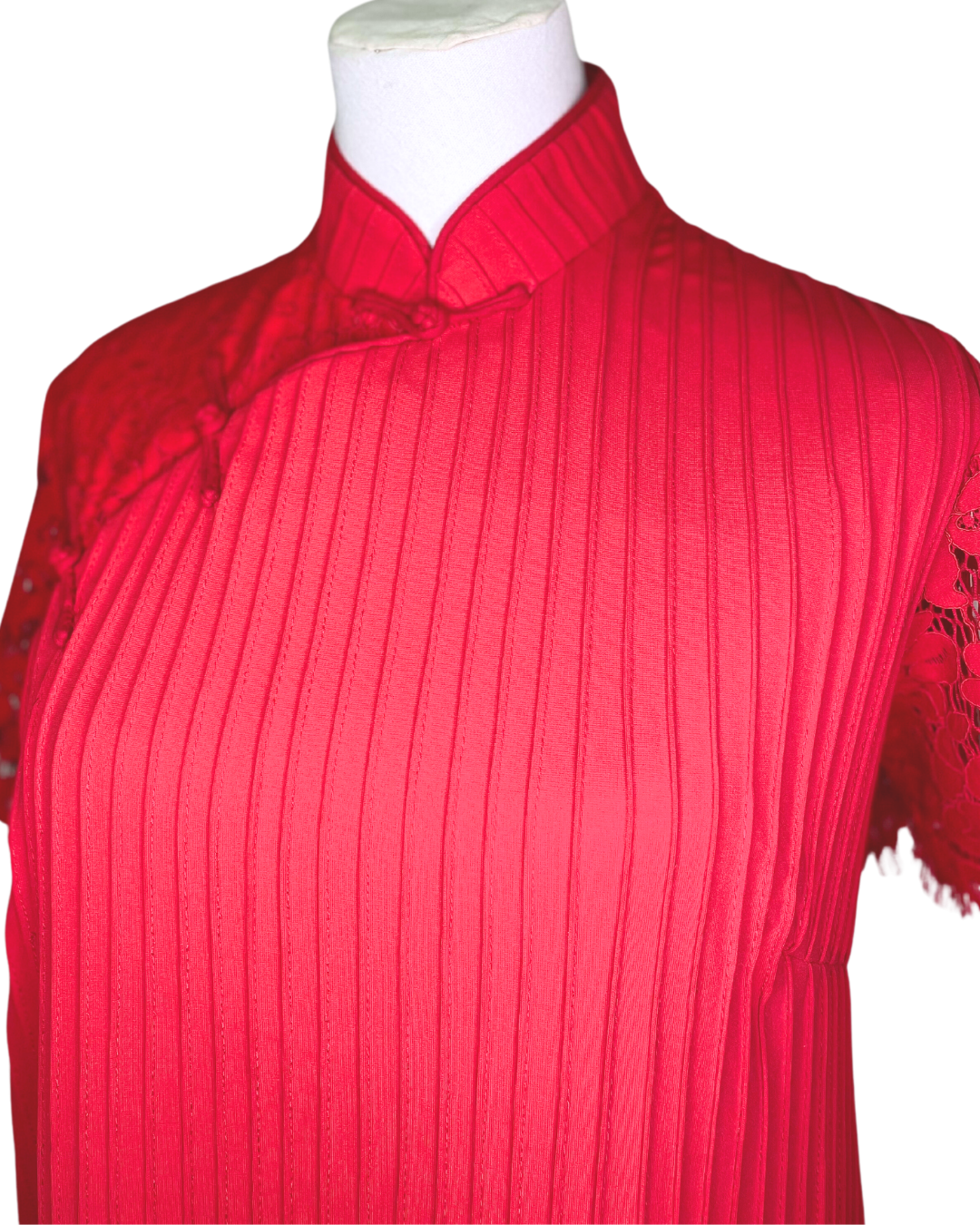 Red Pleated Lace Cheongsam Dress