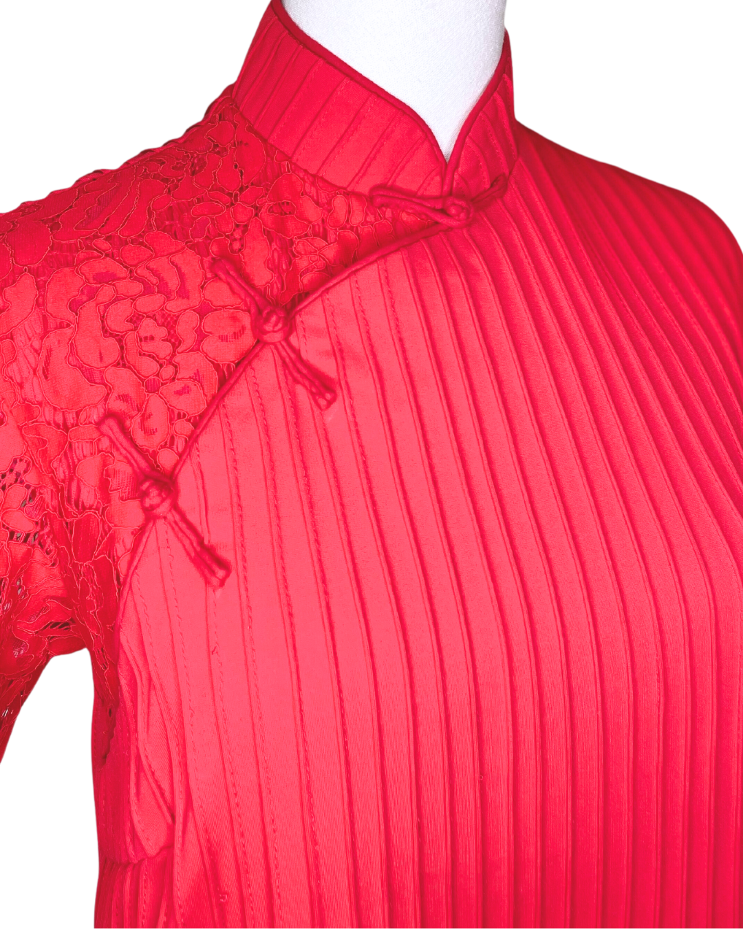 Red Pleated Lace Cheongsam Dress