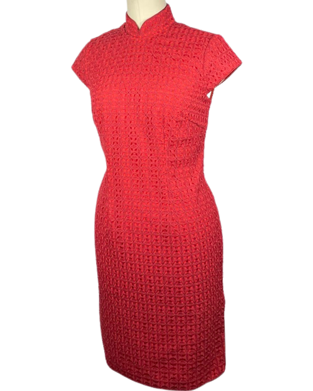 Red Geometric Lace Cheongsam Dress