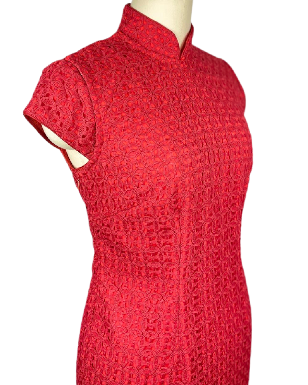 Red Geometric Lace Cheongsam Dress