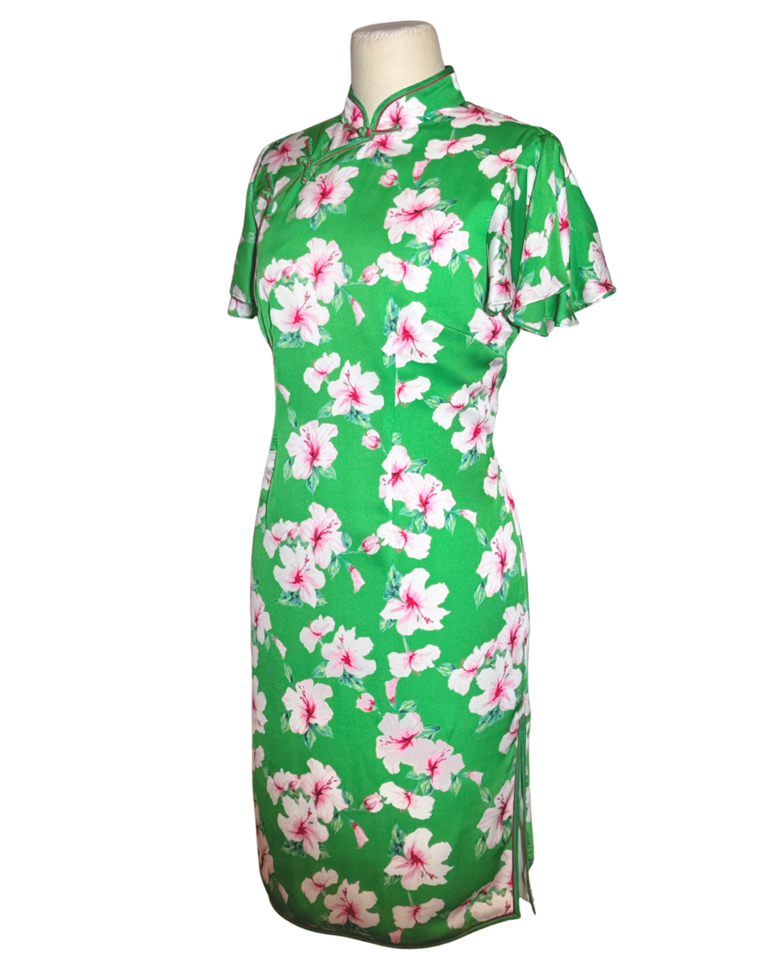 Green Floral Hibiscus Cheongsam with Ruffle Sleeves