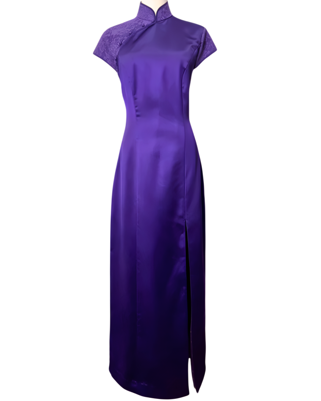 Purple Satin Lace Cap Sleeve Cheongsam