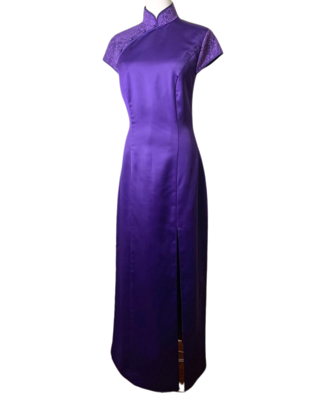 Purple Satin Lace Cap Sleeve Cheongsam