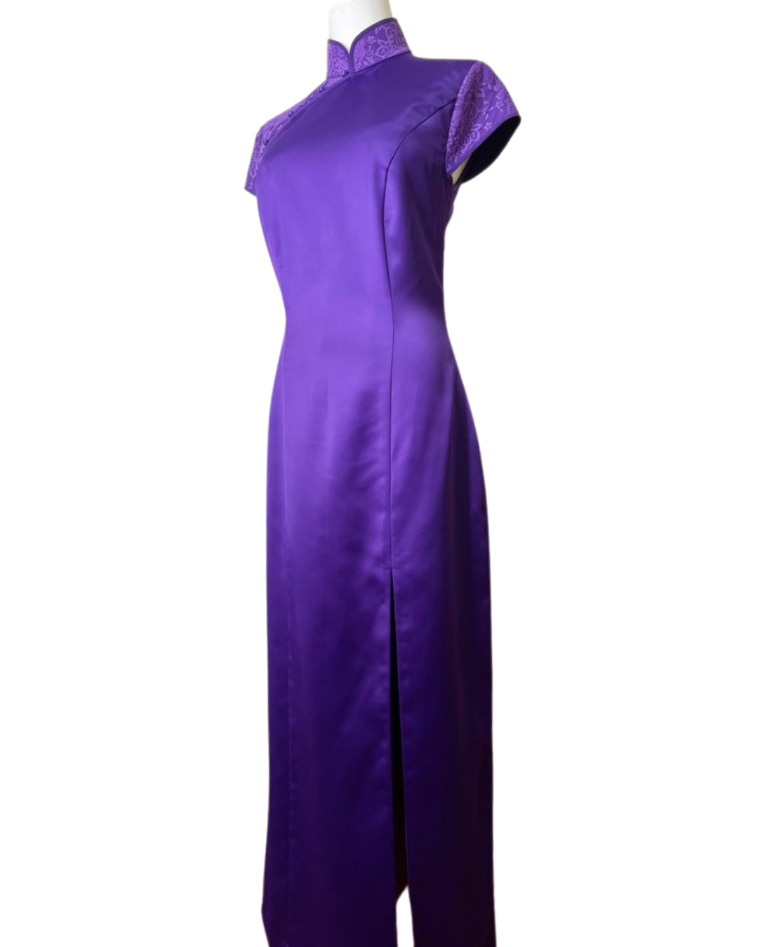 Purple Satin Lace Cap Sleeve Cheongsam