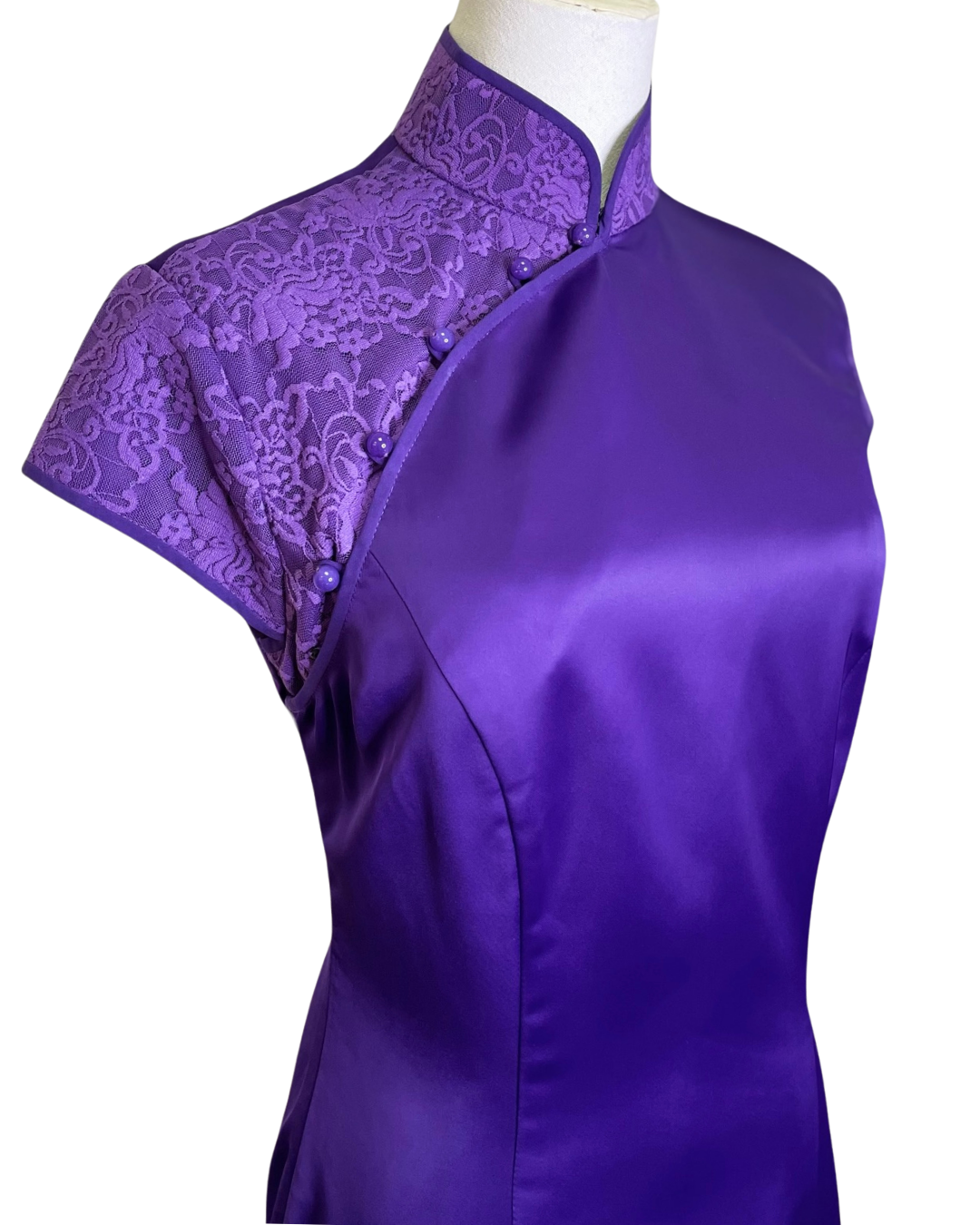 Purple Satin Lace Cap Sleeve Cheongsam