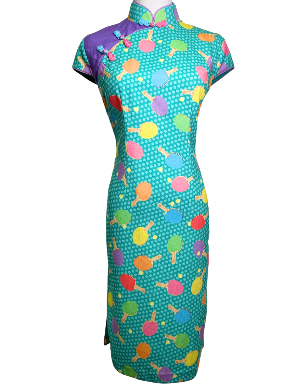Turquoise Ping Pong Print Cap Sleeve Cheongsam