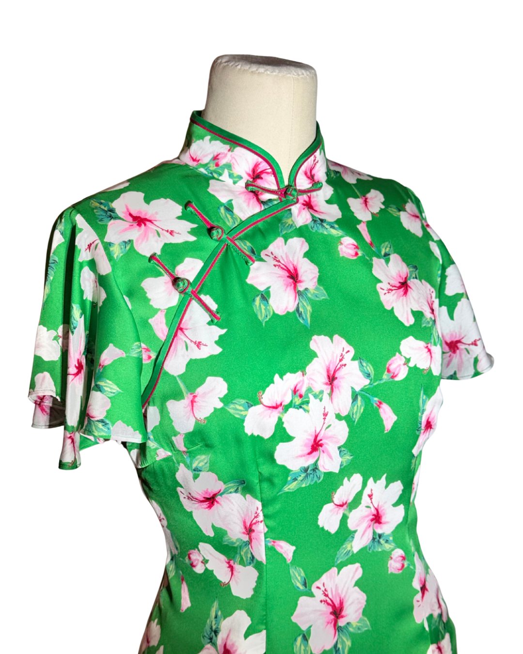 Green Floral Hibiscus Cheongsam with Ruffle Sleeves