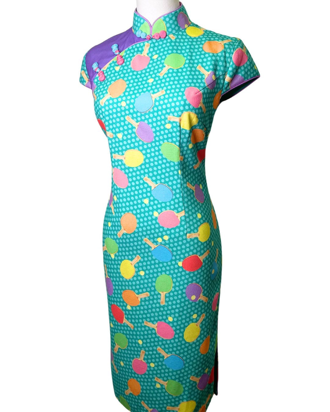 Turquoise Ping Pong Print Cap Sleeve Cheongsam