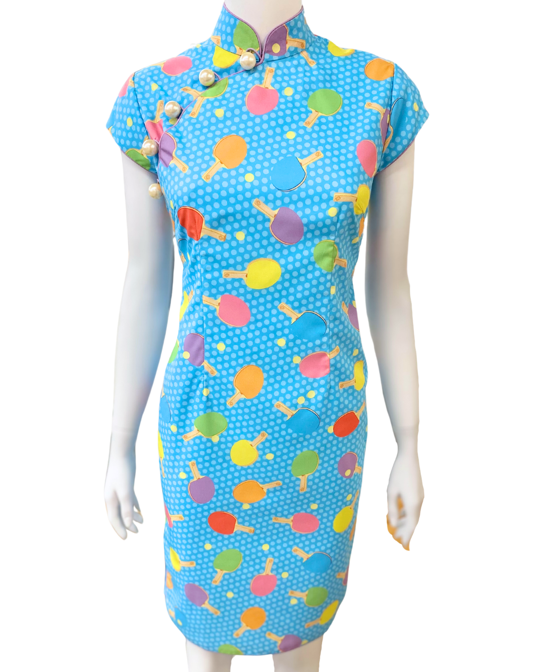 Blue Ping Pong Print Cap Sleeve Cheongsam