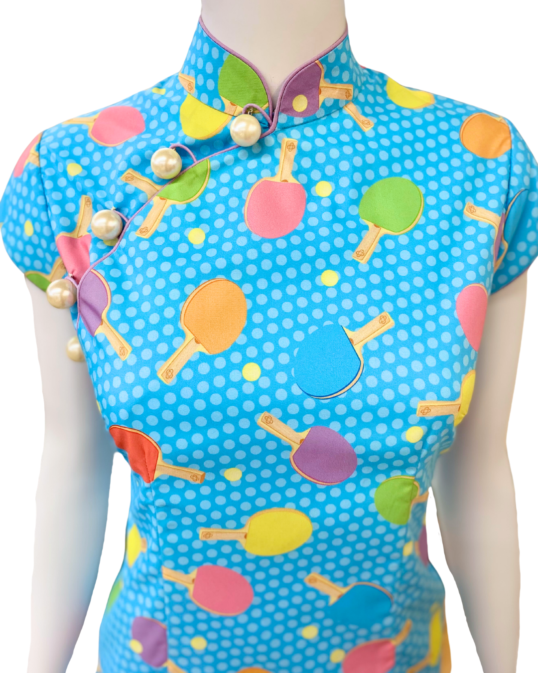 Blue Ping Pong Print Cap Sleeve Cheongsam