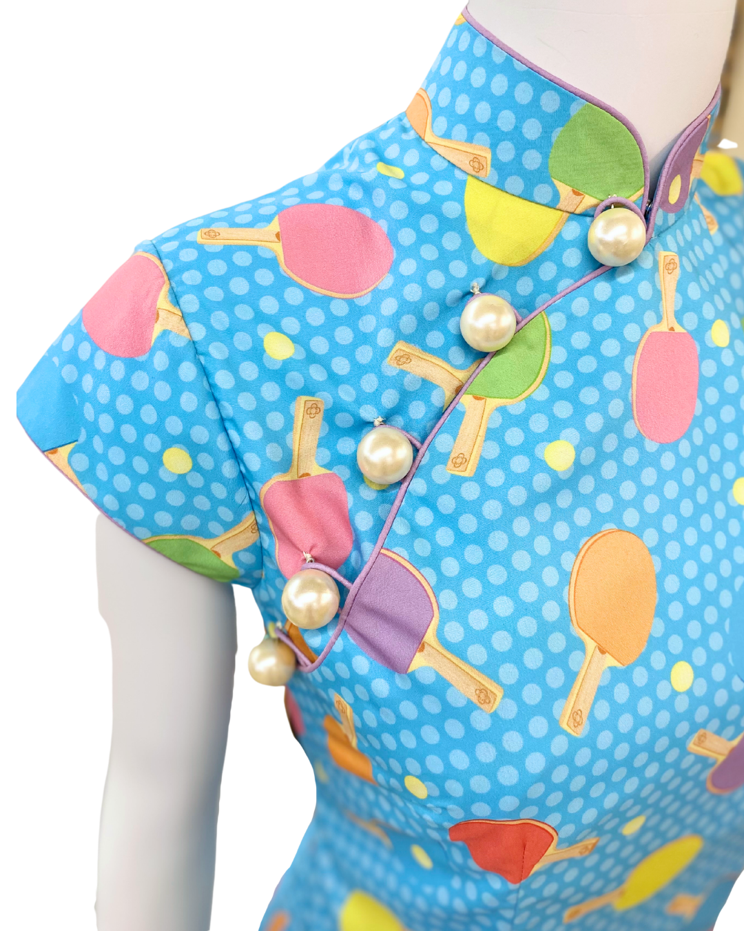 Blue Ping Pong Print Cap Sleeve Cheongsam