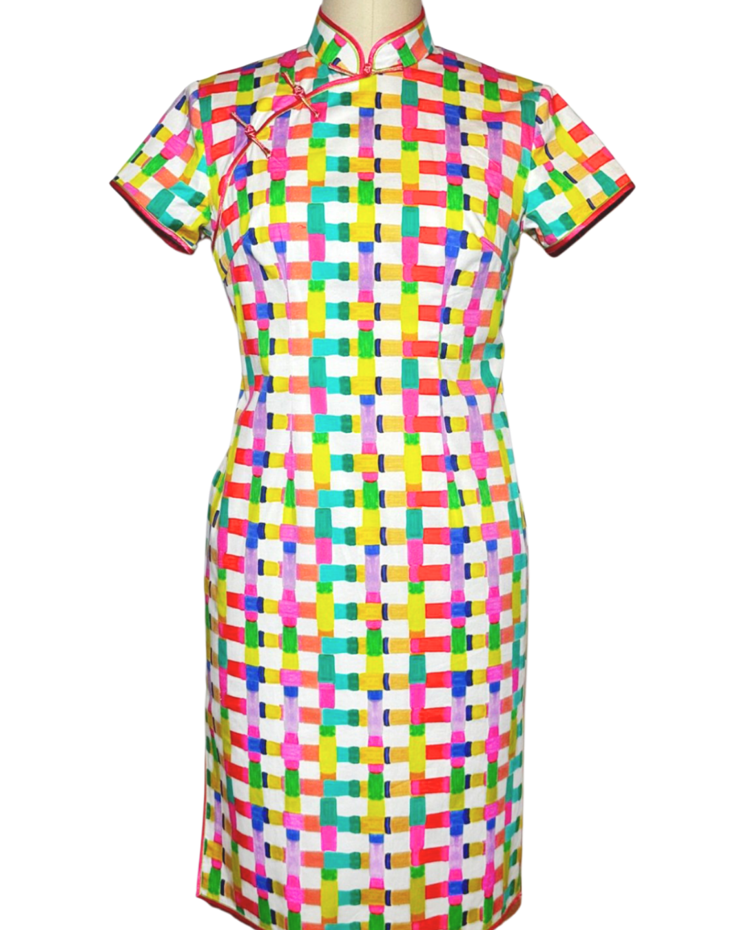 Multicolor Geometric Block Print Cap Sleeve Cheongsam