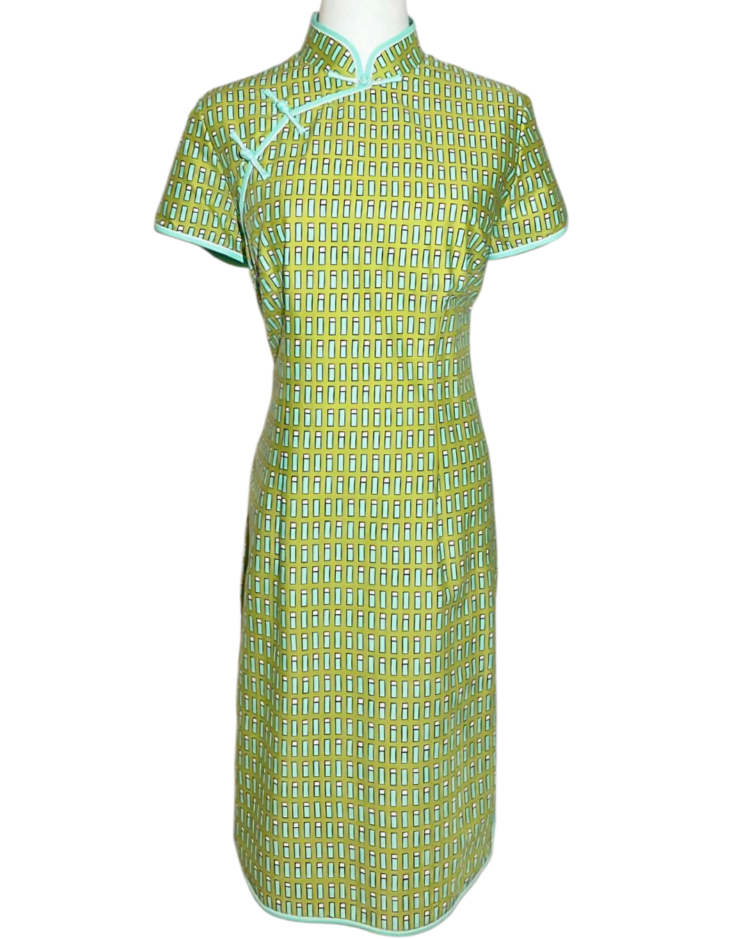 Olive Green Geometric Print Cap Sleeve Cheongsam
