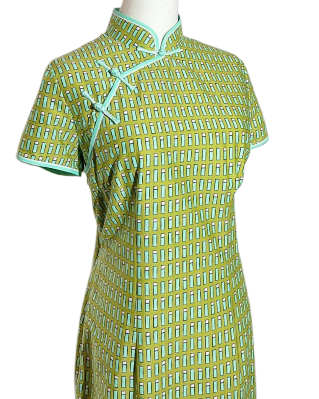 Olive Green Geometric Print Cap Sleeve Cheongsam