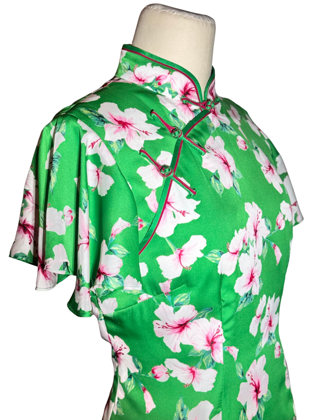 Green Floral Hibiscus Cheongsam with Ruffle Sleeves
