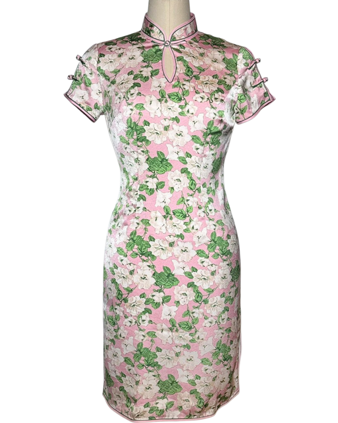 Pink Floral Print Keyhole Neck Cap Sleeve Cheongsam