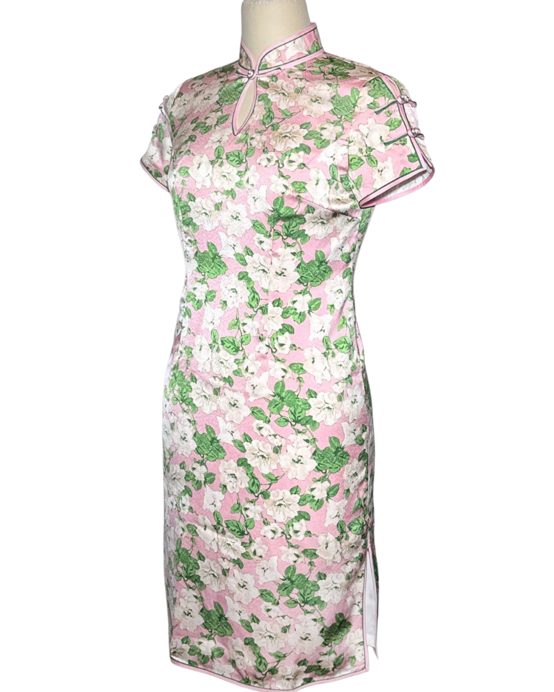 Pink Floral Print Keyhole Neck Cap Sleeve Cheongsam