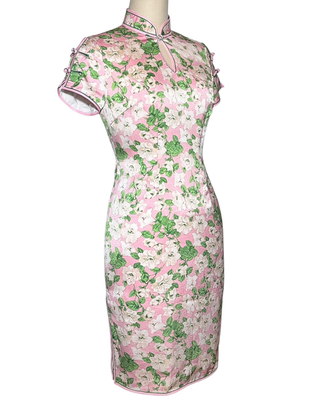 Pink Floral Print Keyhole Neck Cap Sleeve Cheongsam