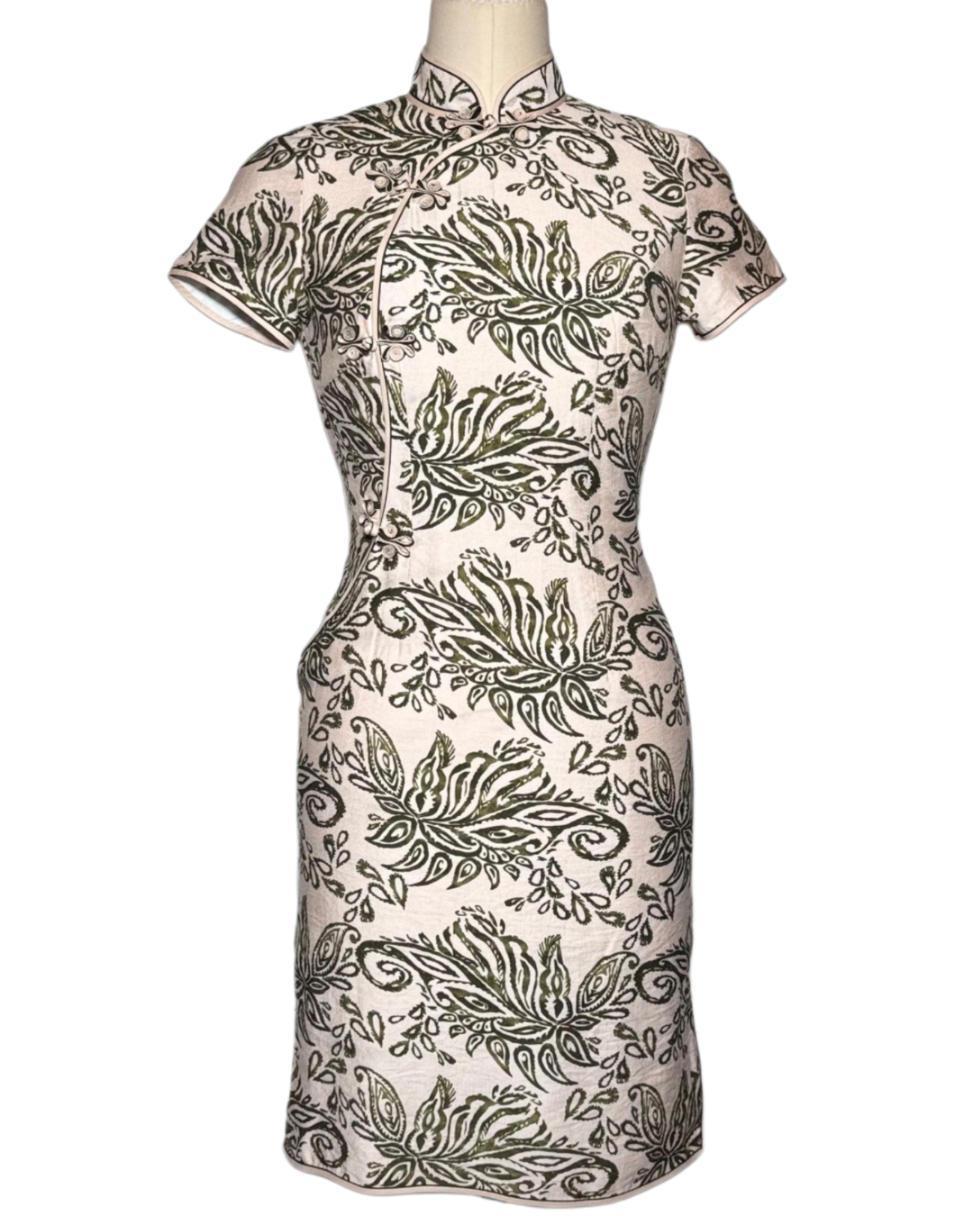 Beige Green Paisley Print Cap Sleeve Cheongsam