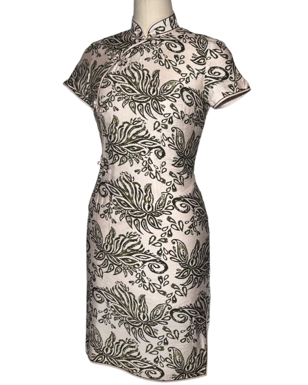 Beige Green Paisley Print Cap Sleeve Cheongsam