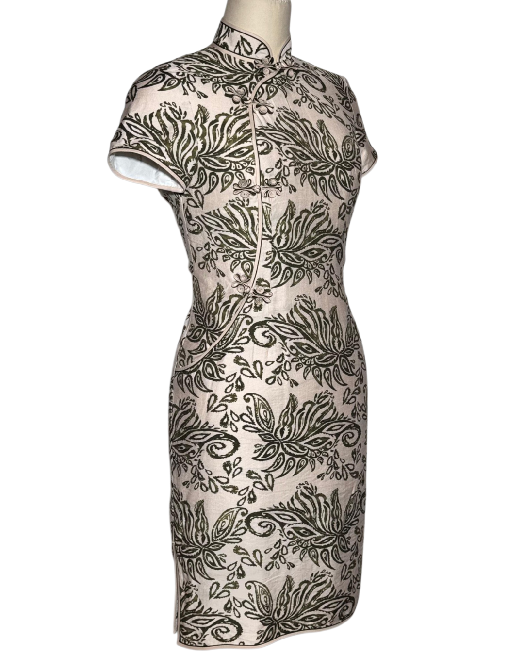 Beige Green Paisley Print Cap Sleeve Cheongsam
