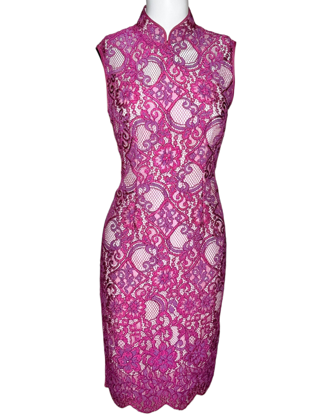 Magenta Floral Lace Sleeveless Cheongsam
