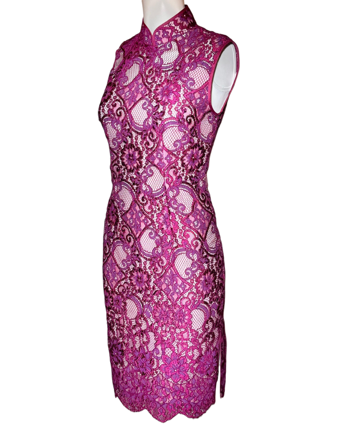 Magenta Floral Lace Sleeveless Cheongsam