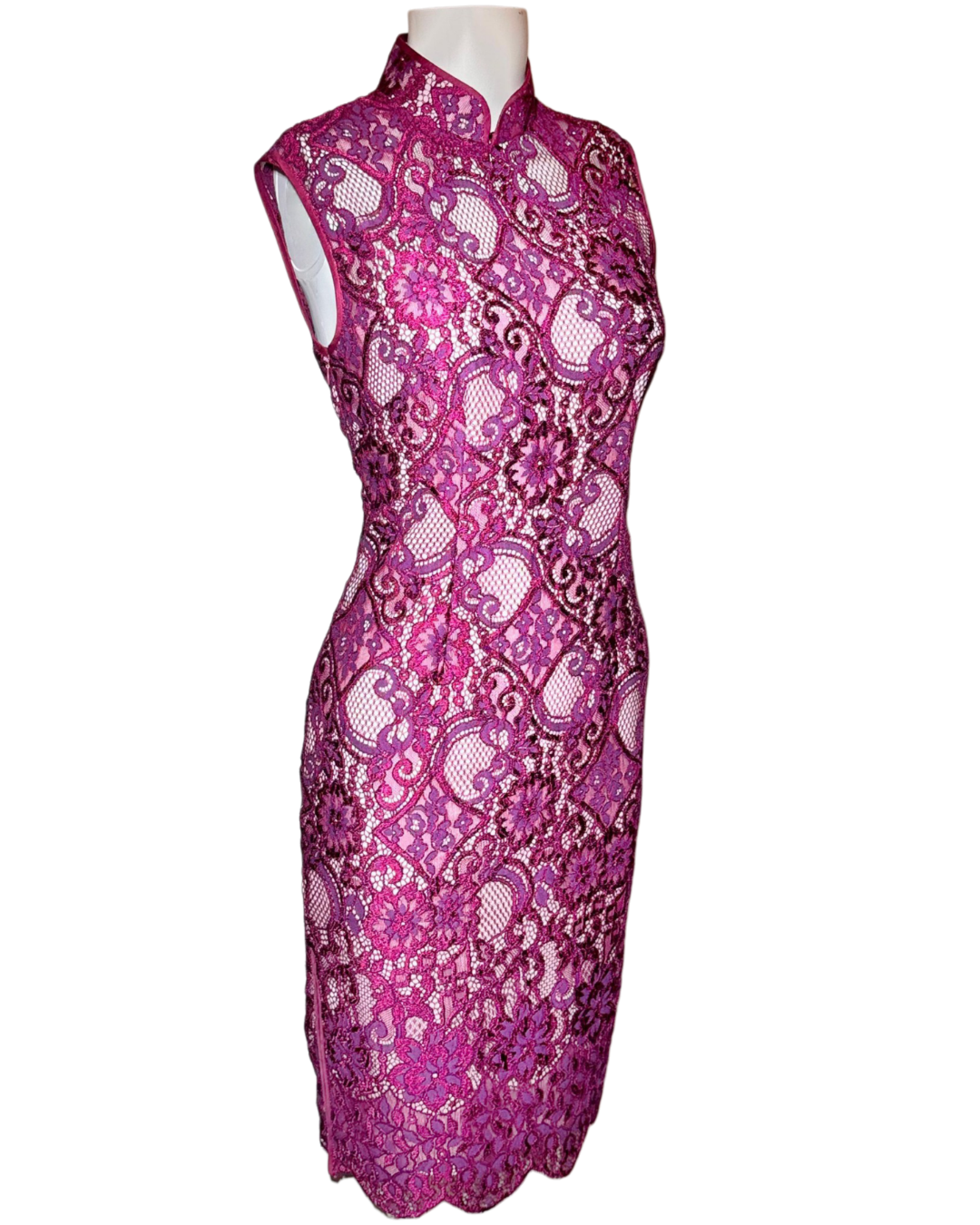 Magenta Floral Lace Sleeveless Cheongsam