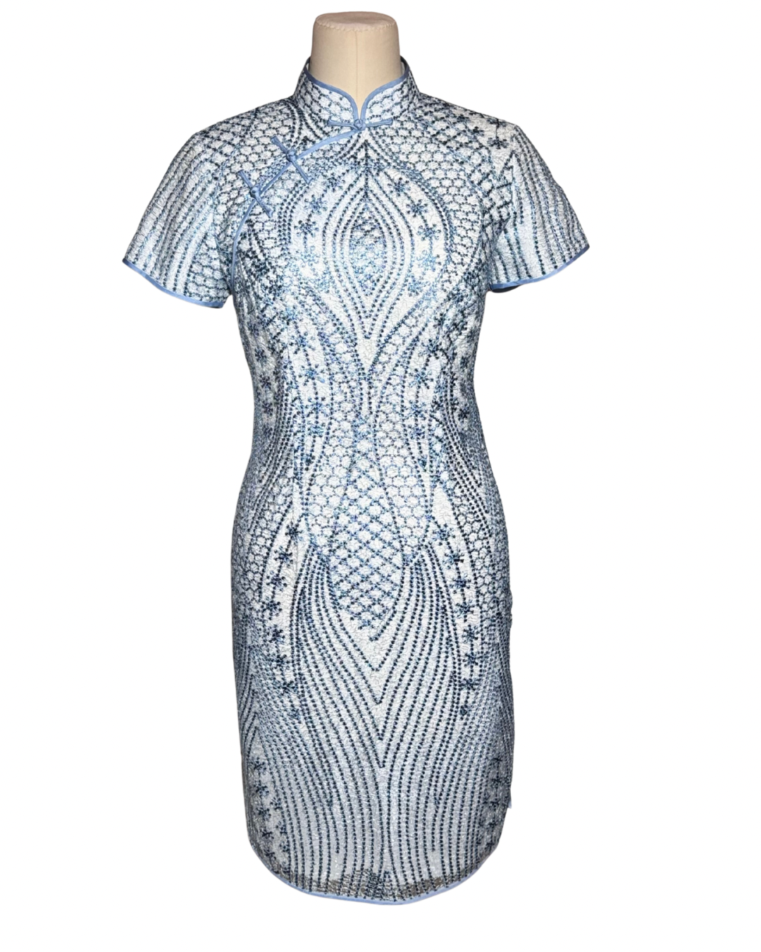 Blue Geometric Embroidered Cap Sleeve Cheongsam