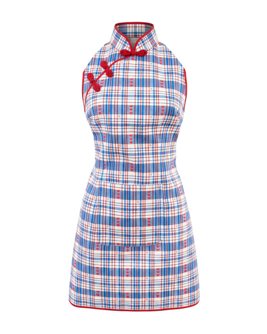 Cheongsam Apron - HK Red-White-Blue Hearts – Blue