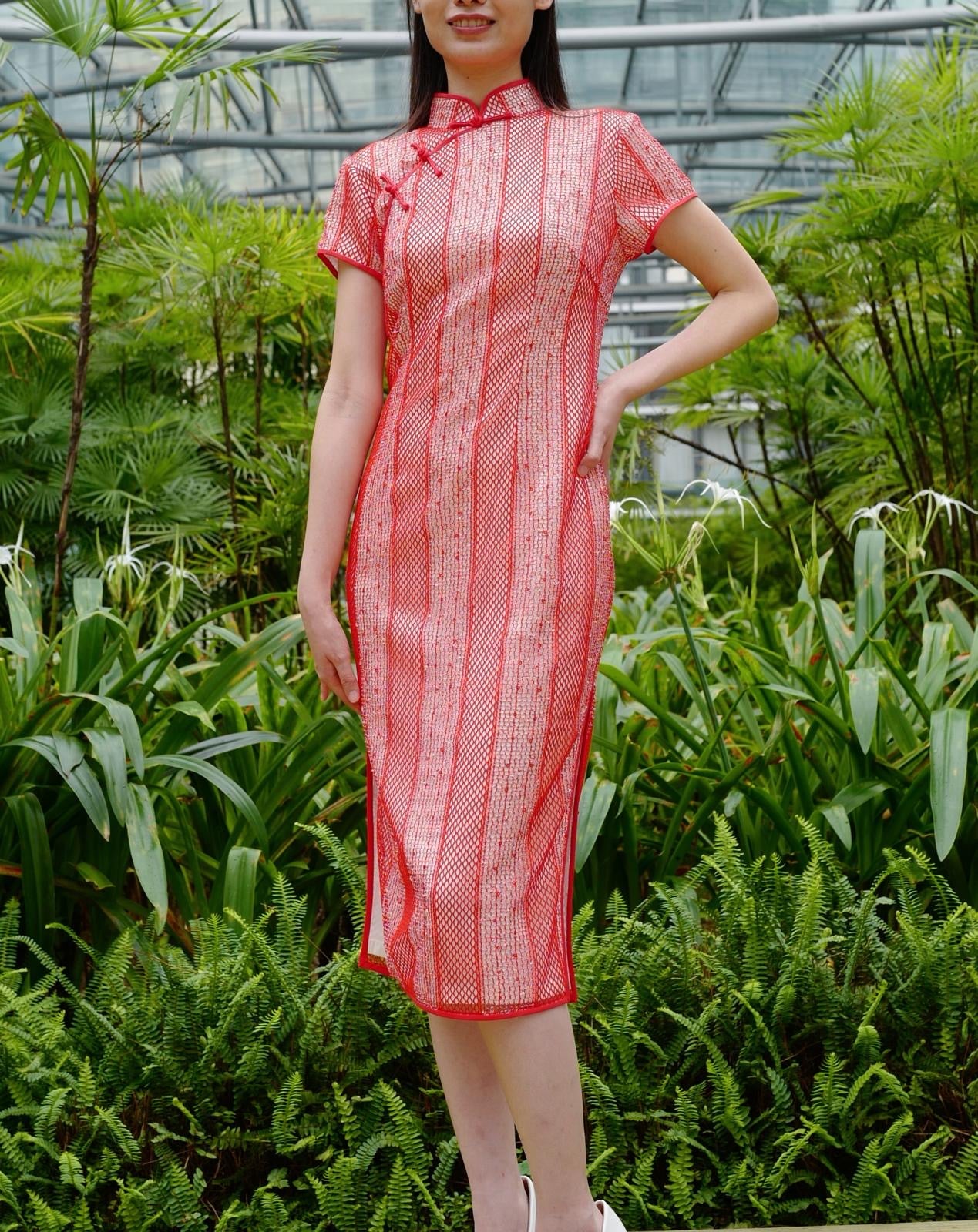 Crimson Net-Overlay Cheongsam