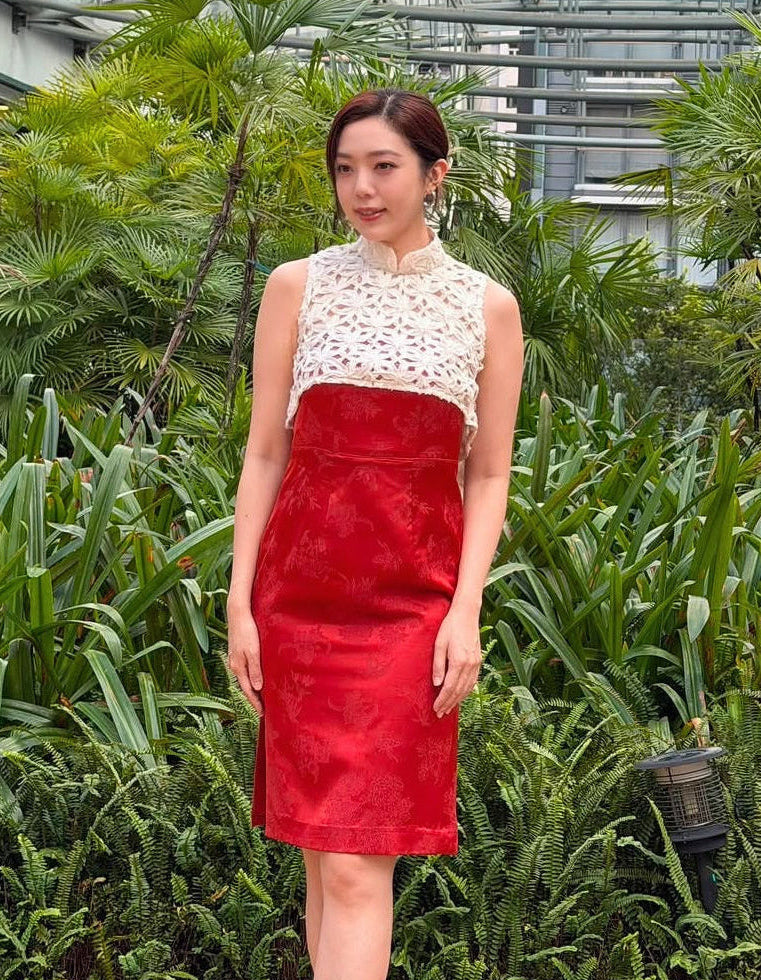 Lace Capelet & Red Jacquard Cheongsam Dress Set