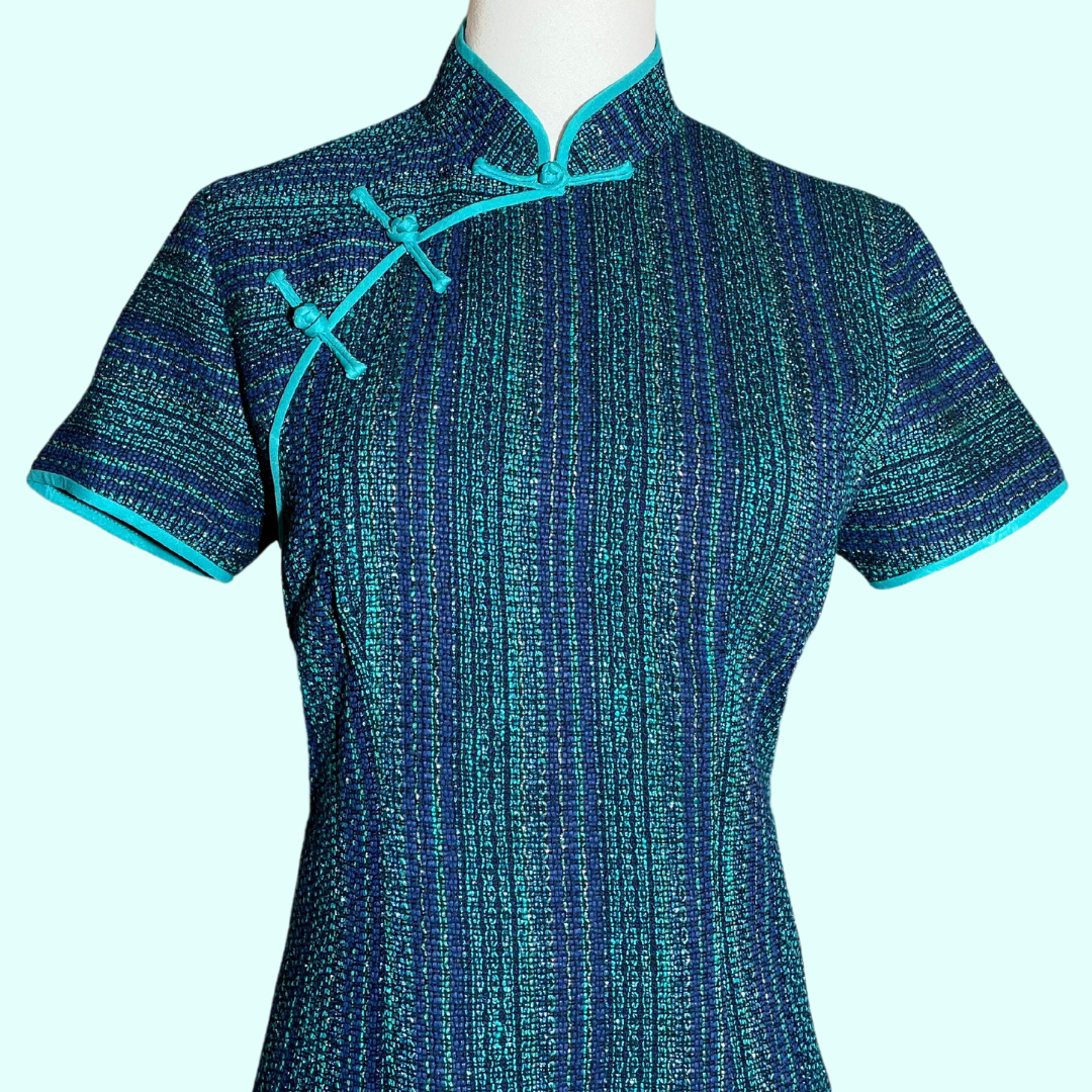 Navy Teal Blue Shimmer Tweed Cheongsam